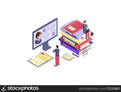 Online education isometric color vector illustration. E class, e learning, e course infographic. Exam, test preparation. Electronic library, video tutorial 3d concept. Isolated design element. Online education isometric color vector illustration.