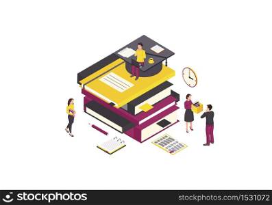 Online education isometric color vector illustration. E class, e learning, e courses infographic. Exam, test preparation. Electronic library 3d concept. Class materials. Isolated design element. Online education isometric color vector illustration