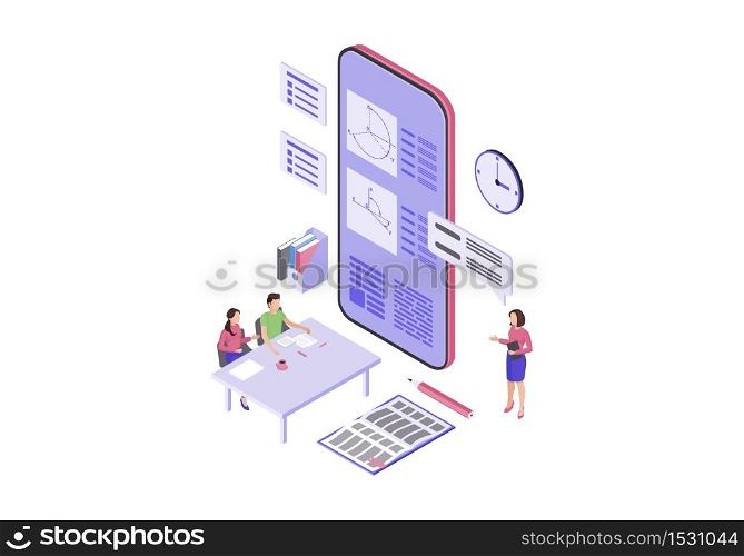 Online education isometric color vector illustration. E class, m learning infographic. Online presentation. Mobile learning, teaching. Distance education, e courses 3d concept. Isolated design element. Online education isometric color vector illustration