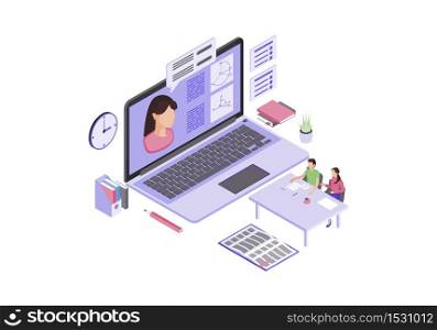 Online education isometric color vector illustration. Electronic class, internet learning infographic. Video tutorial, e courses. Interactive studying. e learning 3d concept. Isolated design element. Online education isometric color vector illustration