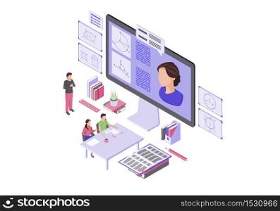 Online education isometric color vector illustration. Electronic courses infographic. Video tutorial, e class. Interactive studying. e learning 3d concept. Internet learning. Isolated design element. Online education isometric color vector illustration