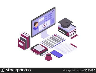 Online education isometric color vector illustration. Internet, distance learning infographic. Video tutorial, e course, e class. Home studying. e learning 3d concept. Isolated design element. Online education isometric color vector illustration