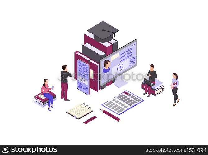 Online education isometric color vector illustration. Internet, distance learning infographic. Video tutorial, e course, e class. Mobile education. e learning 3d concept. Isolated design element. Online education isometric color vector illustration