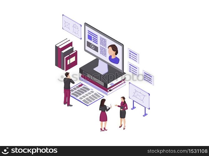 Online education isometric color vector illustration. Internet learning infographic. Video tutorial, e course, e class. e learning 3d concept. Online, distance studying. Isolated design element. Online education isometric color vector illustration