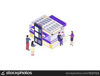 Online education isometric color vector illustration. Mobile learning infographic. e course, e class. e learning 3d concept. Online library. Distance, internet studying. Isolated design element. Online education isometric color vector illustration