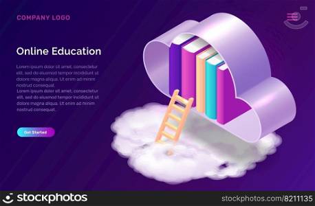 Online education isometric concept vector illustration. Cloud with books, library and wooden stairs on purple banner, landing web site page for educational, training or language courses. Online education or library isometric concept