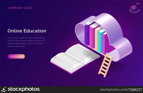 Online education isometric concept vector illustration. Open book and cloud with library on violet background, landing web site page for educational or language courses. Online education isometric concept