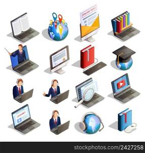 Online education isometric icons collection of sixteen isolated laptop computer books conceptual images with student characters vector illustration. E-Learning Isometric Icon Set
