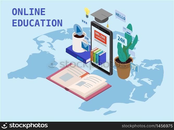 Online education isometric icons composition books from smartphone. Online education isometric icons composition with books from smartphone electronic library online global education training courses, university studies and digital library. Landing vector flat illustration baner isolated