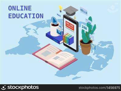 Online education isometric icons composition books from smartphone. Online education isometric icons composition with books from smartphone electronic library online global education training courses, university studies and digital library. Landing vector flat illustration baner isolated