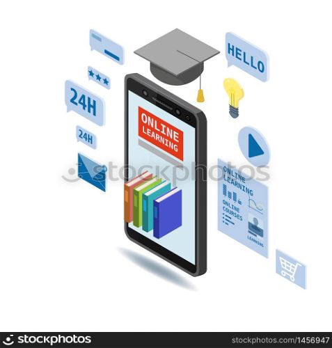 Online education isometric icons composition with book smartphone electronic library. Online education isometric icons composition with book smartphone electronic library online global education training courses, university studies and digital library. Vector flat illustration baner isolated