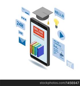 Online education isometric icons composition with book smartphone electronic library. Online education isometric icons composition with book smartphone electronic library online global education training courses, university studies and digital library. Vector flat illustration baner isolated