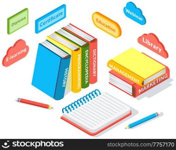 Online education isometric icons composition with buttons, stack of books, notebook and pencil electronic library and cloud computing conceptual images vector illustration, e-learning, webinar. Online education isometric icons composition with buttons, stack of books, notebook and pencil