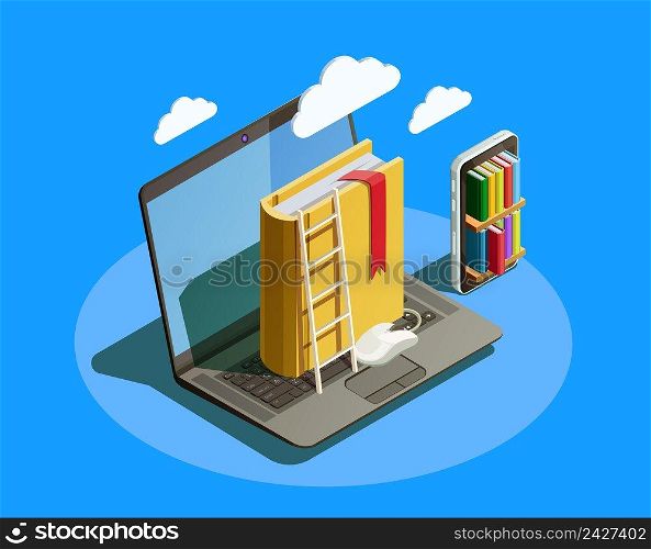 Online education isometric icons composition with laptop book smartphone electronic library and cloud computing conceptual images vector illustration. Distance Course Isometric Concept