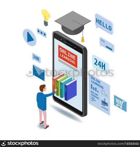Online education isometric icons composition with little man taking books from smartphone. Online education isometric icons composition with little man taking books from smartphone electronic library online global education training courses, university studies and digital library. Landing vector flat illustration baner isolated