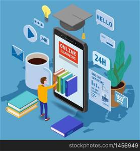 Online education isometric icons composition with little man taking books from smartphone. Online education isometric icons composition with little man taking books from smartphone electronic library online global education training courses, university studies and digital library. Landing vector flat illustration baner isolated