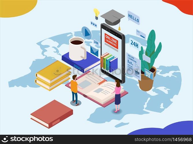Online education isometric icons composition with little people taking books from smartphone. Online education isometric icons composition with little people taking books from smartphone electronic library online global education training courses, university studies and digital library. Landing vector flat illustration baner isolated