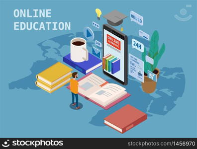 Online education isometric icons composition with little people taking books from smartphone. Online education isometric icons composition with little people taking books from smartphone electronic library online global education training courses, university studies and digital library. Landing vector flat illustration baner isolated