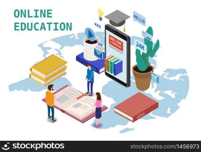 Online education isometric icons composition with little people taking books from smartphone. Online education isometric icons composition with little people taking books from smartphone electronic library online global education training courses, university studies and digital library. Landing vector flat illustration baner isolated