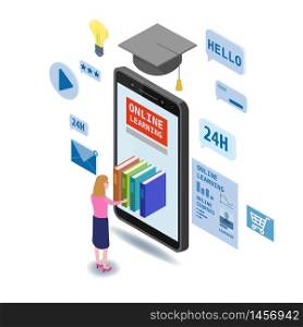 Online education isometric icons composition with little women taking books from smartphone. Online education isometric icons composition with little women taking books from smartphone electronic library online global education training courses, university studies and digital library. Vector flat illustration baner isolated