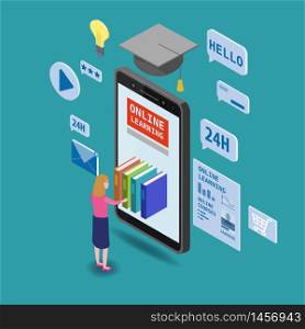 Online education isometric icons composition with little women taking books from smartphone. Online education isometric icons composition with little women taking books from smartphone electronic library online global education training courses, university studies and digital library. Vector flat illustration baner isolated