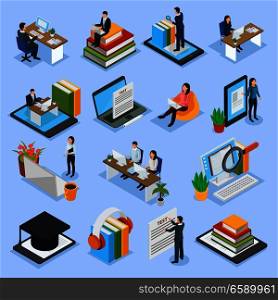 Online education isometric icons with distance lecture, audio books, computer test, electronic library, isolated vector illustration. Online Education Isometric Icons