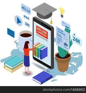 Online education isometric landing icons composition with little women taking books from smartphone. Online education isometric landing icons composition with little women taking books from smartphone electronic library online global education training courses, university studies and digital library. Vector flat illustration baner isolated