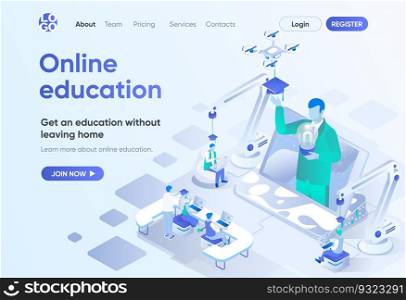 Online education isometric landing page. Distance learning, professional courses and skills development. Interactive study template for CMS and website builder. Isometry scene with people characters.