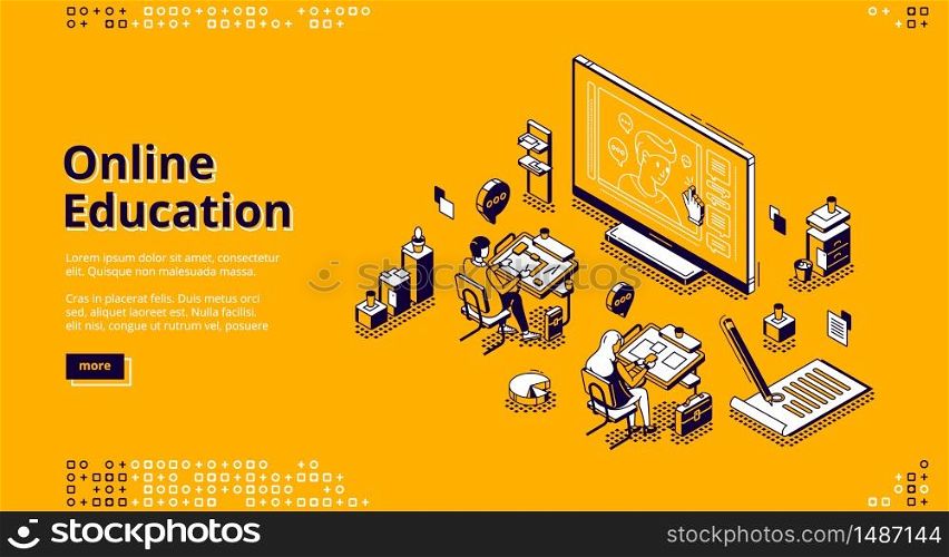 Online education isometric landing page. Students sitting at desks in classroom watching distant lesson at huge screen. Webinar in internet school, university or college, 3d vector line art web banner. Online education isometric landing page web banner