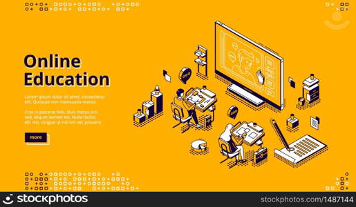 Online education isometric landing page. Students sitting at desks in classroom watching distant lesson at huge screen. Webinar in internet school, university or college, 3d vector line art web banner. Online education isometric landing page web banner