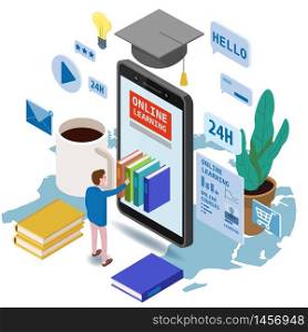 Online education isometric set icons composition with little man taking books from smartphone. Online education isometric set icons composition with little man taking books from smartphone electronic library online global education training courses, university studies and digital library. Landing vector flat illustration baner isolated