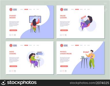 Online education landing. E learning processes for students concept website illustrations garish vector template. Education online website, training and study. Online education landing. E learning processes for students concept website illustrations garish vector template