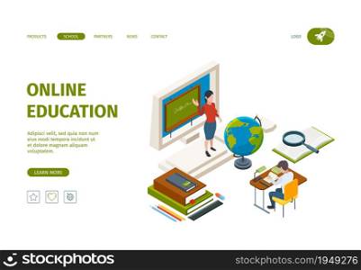 Online education landing. Knowledge learning processes training processes distance courses student vector isometric web page template. Online education training, university study online illustration. Online education landing. Knowledge learning processes training processes distance courses for student vector isometric web page template