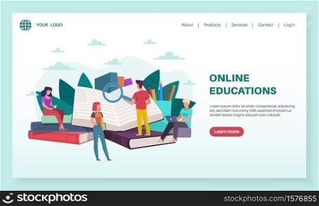 Online education landing page. Tiny people read huge books. Training courses, internet teaching, e-learning and library, tutorials webinar for students, mobile app or web banner vector flat template. Online education landing page. Tiny people read huge books. Training courses, internet teaching and e-learning, tutorials for students, mobile app or web banner vector flat template