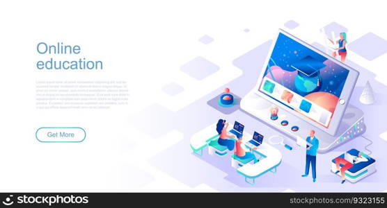 Online education landing page vector template. Distant academic class website header UI layout with isometric illustration. Assignment and examination for students web banner isometry concept