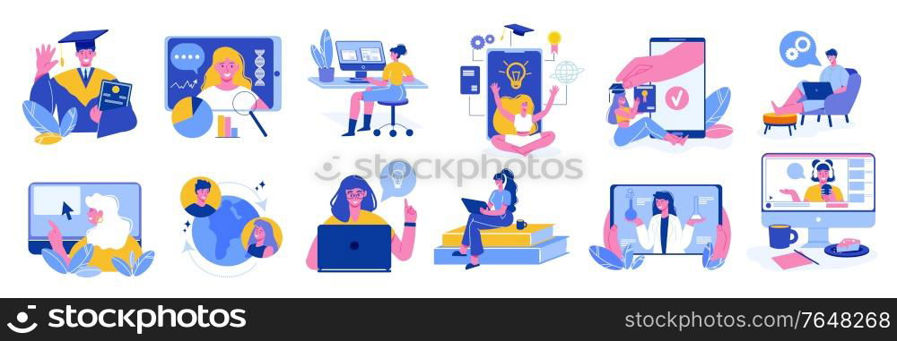 Online education learning set of isolated icons and characters of teachers and tutors with computer images vector illustration