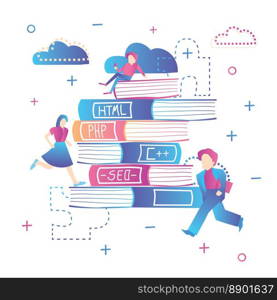 Online Education. Learning Web Design, Coding and SEO. Vector Illustration. Pile of Books with People.