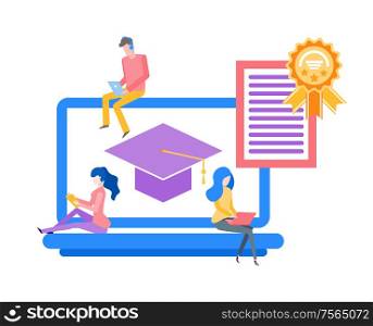Online education obtaining knowledge in distance vector. Graduation hat on screen of laptop, certificate with seal award. Man and woman using gadgets. Online Education Obtaining Knowledge in Distance