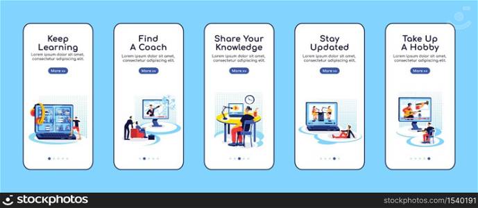 Online education onboarding mobile app screen flat vector template. Stay updated. Share knowledge. Walkthrough website steps with characters. UX, UI, GUI smartphone cartoon interface, case prints set. Online education onboarding mobile app screen flat vector template