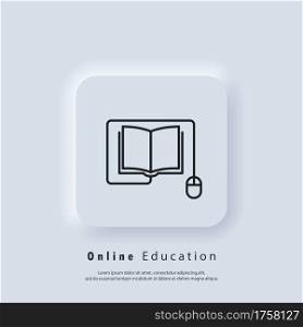 Online education or distance exam banner. Distant education, e-books icon. Course e-learning from home, online studying. Vector. UI icon. Neumorphic UI UX white user interface web button. Neumorphism