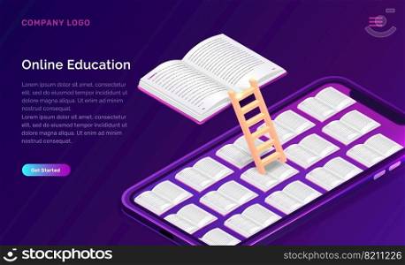Online education or library isometric concept vector illustration. Open book and wooden stairs on mobile phone screen, violet background, landing web site page for educational or language courses. Online education or library isometric concept