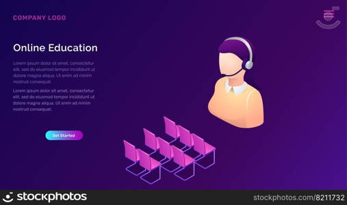 Online education or training isometric concept vector illustration. Speaker figure in headset and empty seats in class, isolated on purple banner, web site for educational or language courses. Online education or training isometric concept