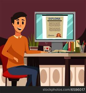 Online education orthogonal background with young man sitting at desk and diploma image on computer screen flat vector illustration. Online Education Orthogonal Background