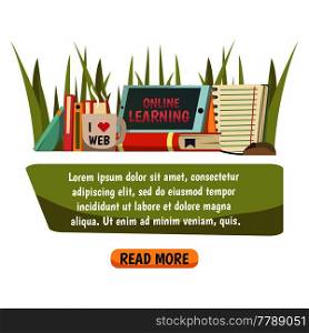 Online education orthogonal composition with text banner and collection of decorative icons used in online learning advertising flat vector illustration . Online Education Orthogonal Composition