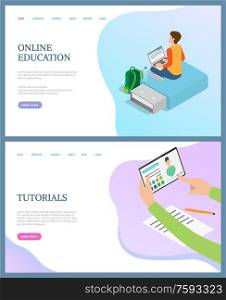 Online education, person writing text in laptop, sitting on flesh drive. Tutorials website, hands holding tablet with info, distant learning concept, vector. Online Education of Person, Tutorials Web Vector