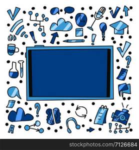 Online education poster. Learning symbols with empty screen in doodle style. Vector color illustration.