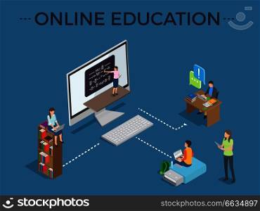 Online education process template with studying people via Internet in front of various gadgets vector colorful illustration in graphic design. Online Education Process Template Vector Poster