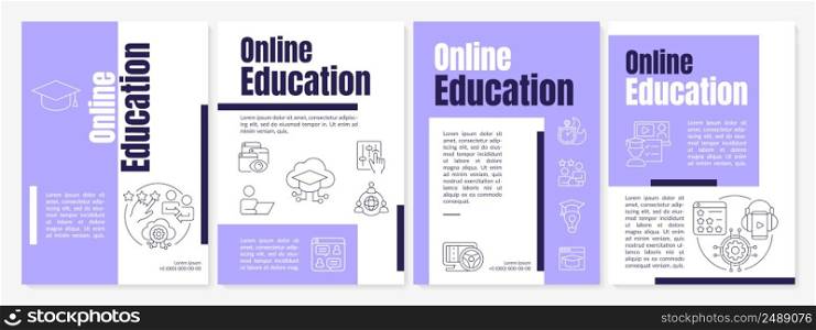 Online education purple brochure template. Learning trend and remote class. Leaflet design with linear icons. 4 vector layouts for presentation, annual reports. Anton, Lato-Regular fonts used. Online education purple brochure template