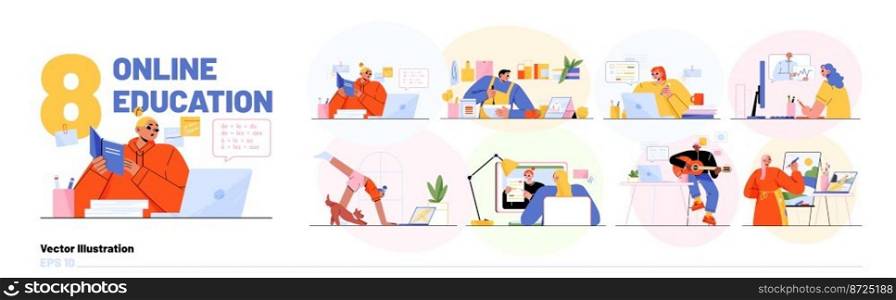 Online education scenes with people learning on Internet courses, training and study cooking food, painting, playing guitar and yoga, vector flat illustration. Online education, people study on Internet courses