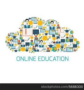 Online education school university e-learning graduation flat decorative icons set in cloud shape vector illustration